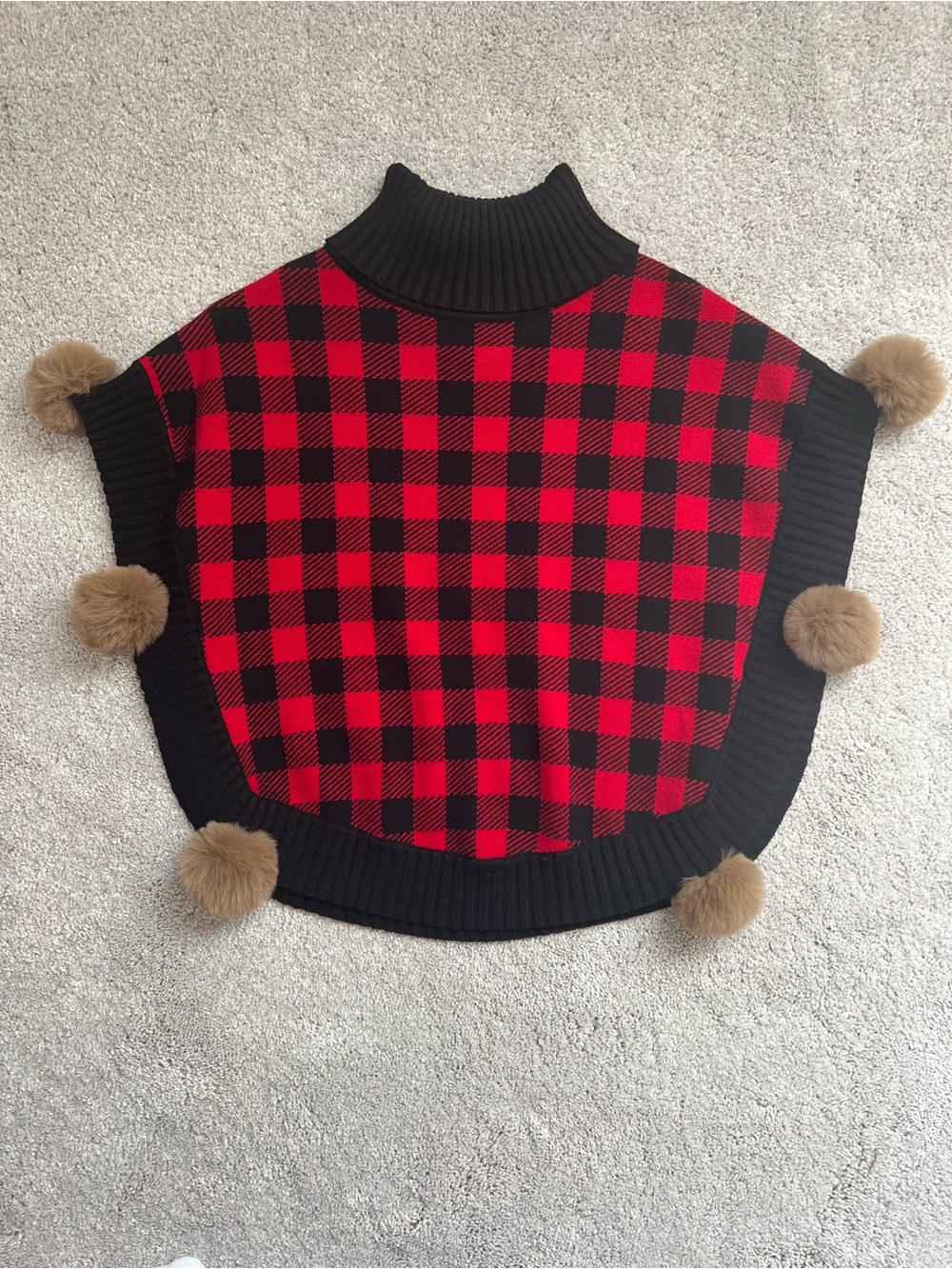 Girls' Red & Black Buffalo Plaid Knit Poncho with Pom Accents (size 4-5T)